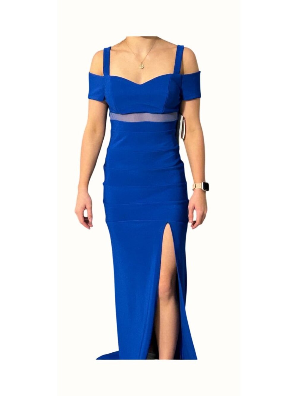 Honey And Rosie Royal Blue Off-Shoulder Gown Sweetheart Neckline & Slit NWT
